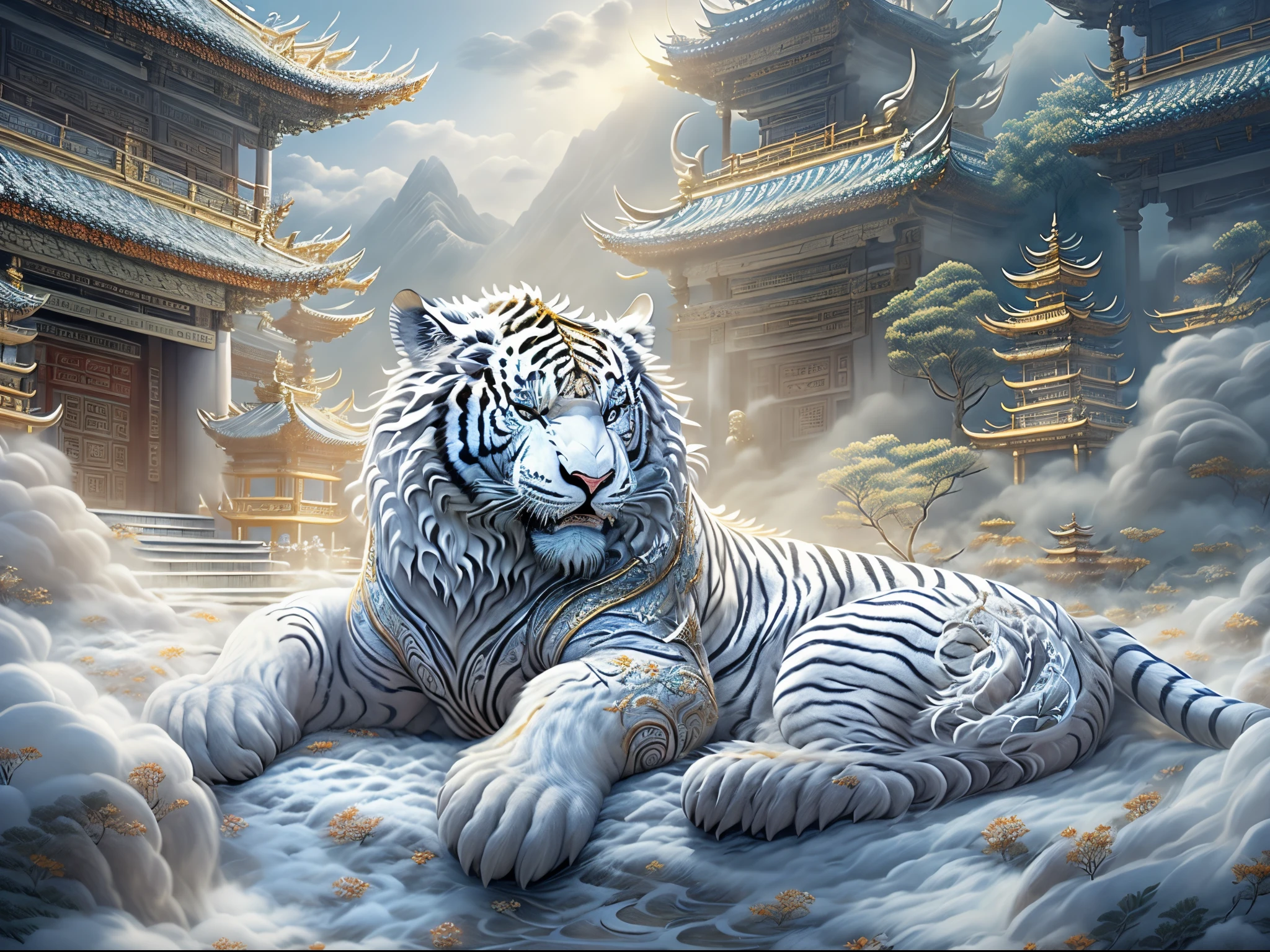 (Best quality at best,tmasterpiece, iintricate,hyper-detailing，Extremely detailed CG unified wallpaper) , dahuangdongjing，A mythical beast in Chinese mythology(the white tiger),White tiger resembles a huge white tiger，Huge and powerful。It has a majestic body and sharp claws，The whole body is covered with fur as white as snow，White tigers usually have a pair of short horns on their heads，And both eyes radiate light like lightning，Surrounded by lightning，Surrounded by white clouds，dreamland wonderland、Genting Heavenly Palace，，The mountain is very steep，strange rocks，Fantastical，Ogre、square、Riding，Faraway view，(Best quality at best,tmasterpiece, iintricate,hyper-detailing，RAW photogr,8K，hyper HD,超高分辨率,Realisticstyle,A cinematic scene, Focus sharp,dramatic lights,Extremely detailed CG unified wallpaper，Chinese color，The colors are bright，bright，Traditional Chinese elements，（（Ancient murals）），Illustrative myths，Fuyao Legend，Dappled light，Hazy haze，Mystic aura，tmasterpiece，k hd，plethora of colors，detailed detail，Seven colors)