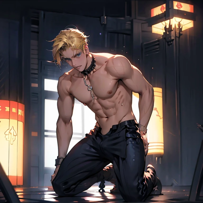 Copy Prompt One Boy,Cool Boy, Young boy,Male body,macho, a blond,Blue eyes, Red Jockstrap,toppless, Sweat vapor, embarrassed,blush,Parted lips, Kneeling,双臂在头后, Full body, Bondage,BDSM, Collar,noose,chain, Crow Stage,stage,