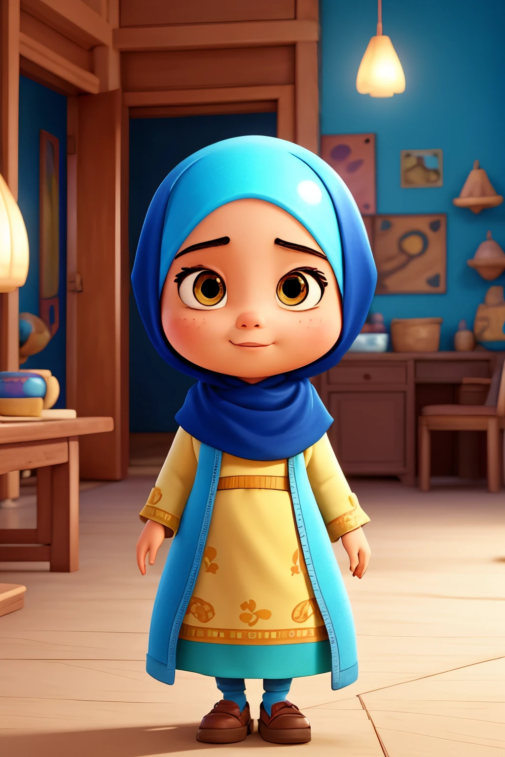 A cartoon character dressed in a blue hijab stands in a room - SeaArt AI