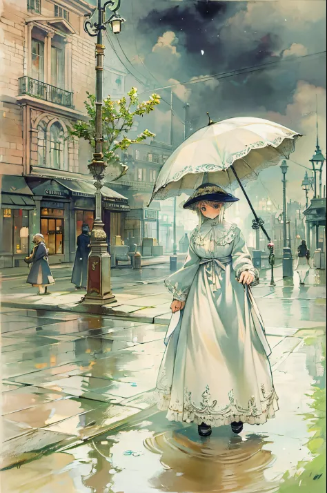 paris , storm scene, edwardian woman in white, aquarelle