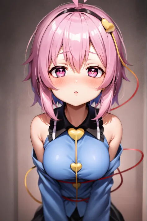 masutepiece, Best Quality,   1girl in,Komeiji Satori,Ahoge, Pink hair,Pink eyes(Heart shaped pupils),Short hair,shairband,  3rd eye, Bedroom background,A sexy、A slender、fullnude、Courtship attitude、Only the upper body is visible、Beautiful breasts、a closeup、...