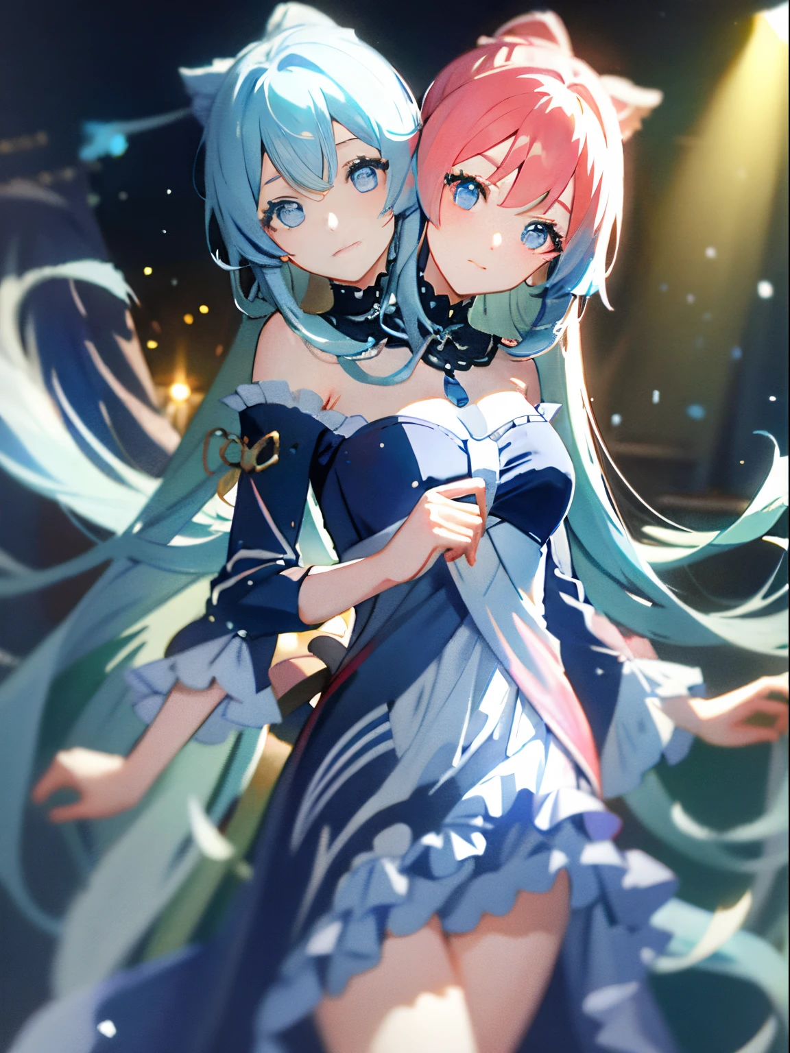 (masterpiece, best quality), best resolution, (2heads:1.5), 1girl, kokomi character, facing the viewer, untied blue hair, extremely long hair, blue eyes, focused, dress, concert stage