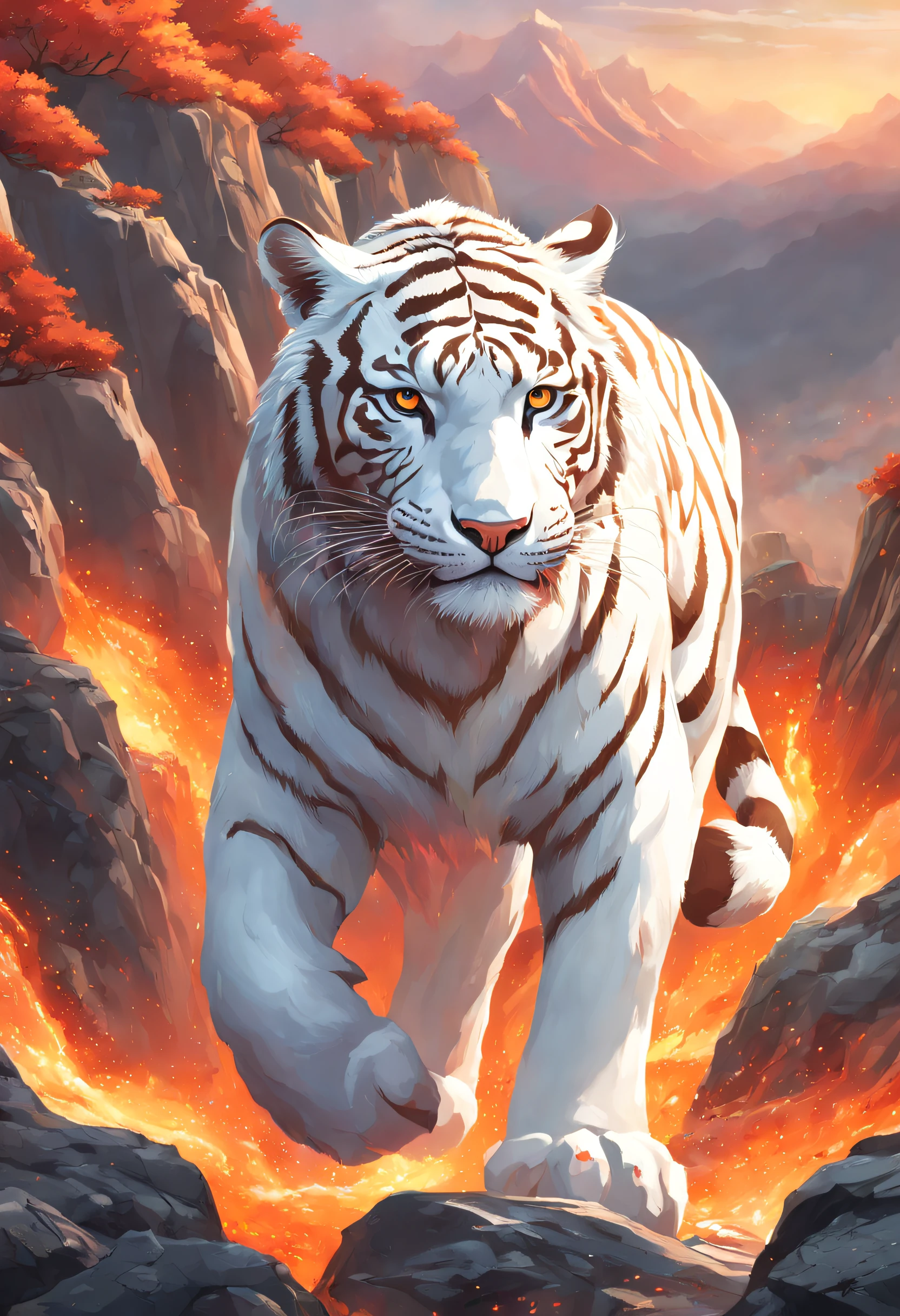 (One sticker)，(One sticker)，(Best quality,tmasterpiece, iintricate,hyper-detailing,8k ultra high definition,超高分辨率，Extremely detailed CG unified wallpaper) ,Great Wilderness East Meridian，the white tiger，White tiger in volcanic lava，Surrounded by lightning，Stand on volcanic lava，The mountain is very steep，strange rocks，safe，magma，dreamland wonderland、dream-like，Riding，Traditional Chinese elements，Illustrative myths，Fuyao Legend，Dappled light，Hazy haze，Mystic aura，tmasterpiece，k hd，many color，Detailed details，Seven colors