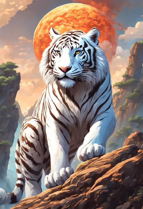 (One sticker)，(One sticker)，(Best quality,tmasterpiece, iintricate,hyper-detailing,8k ultra high definition,超高分辨率，Extremely detailed CG unified wallpaper) ,Great Wilderness East Meridian，the white tiger，White tiger in volcanic lava，Surrounded by lightning，...