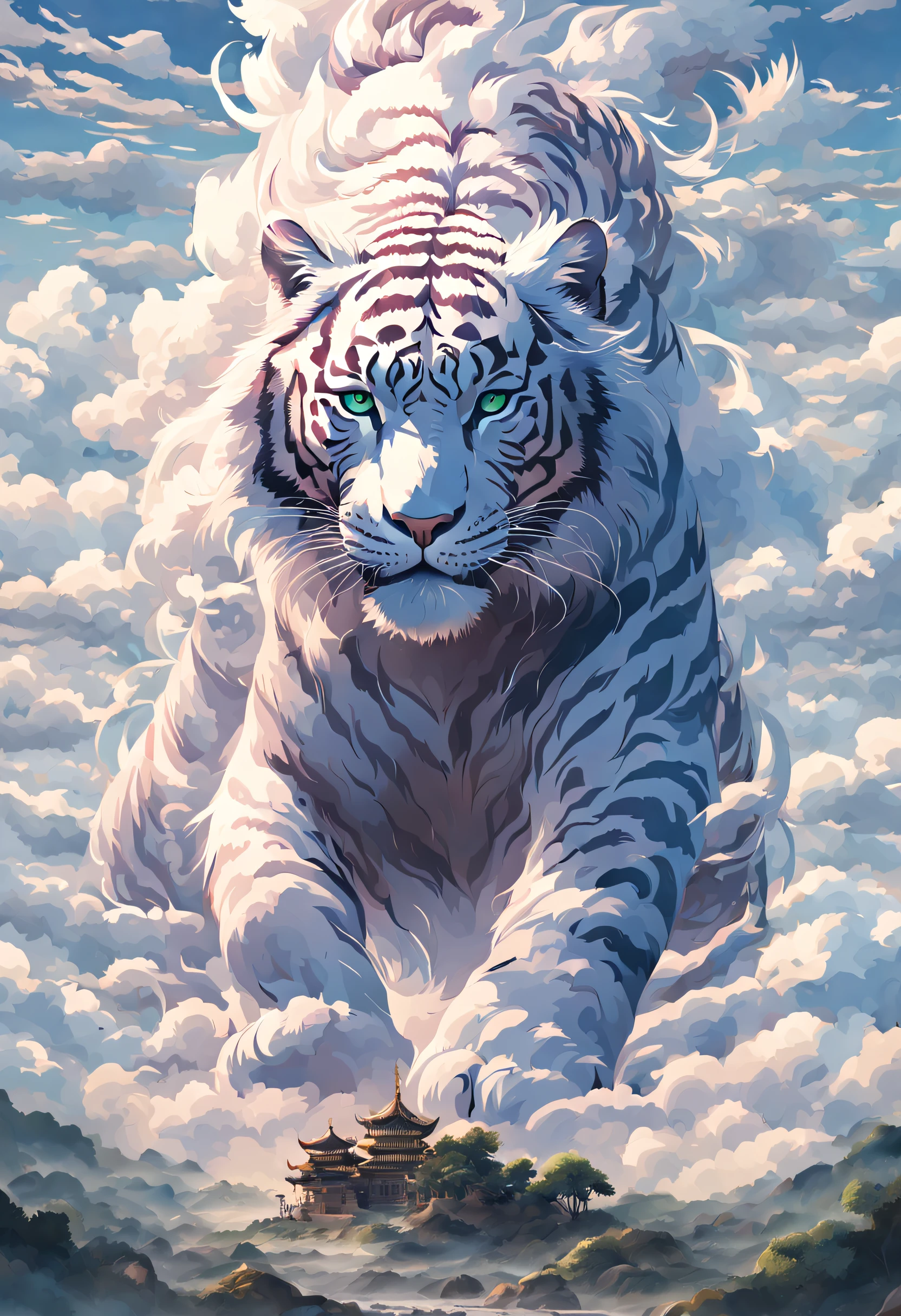 No centro da tela，Um majestoso tigre branco olha para longe，Postura elegante e majestosa。Seu corpo parece forte e poderoso，As linhas musculares são suaves e firmes，Parece conter poder infinito。o tigre branco&#39;seus olhos são brilhantes e brilhantes，Os olhos profundos revelam uma sabedoria e majestade transcendentes，Como se estivesse observando tudo no universo。Pingente redondo de jade tigre branco&#39;testa、Têm padrões de trovão ou padrões tradicionais de animais míticos no corpo，o tigre branco&#39;Seu cabelo era branco como a neve，Cada cabelo é pintado com grande detalhe，Acentua o volume e a textura do cabelo。em um raio de sol，O cabelo exala um leve brilho，Torne toda a imagem cheia de vida e movimento。Você pode imaginar seu cabelo balançando suavemente com a brisa，Parece que ele pode mostrar vitalidade e força incomparáveis a qualquer momento。eles estão em segundo plano，Pinheiros verdes e ciprestes altos，Cercado por nuvens，montanhas escarpadas，Cria uma atmosfera misteriosa e antiga。Talvez adicione um antigo palácio ou templo à distância，Adicione clima mítico。(Perspectivas, perspectiva em primeira pessoa, Cores estilo Ghibli, luminismo, iluminação de filme, hiper HD, obra-prima, Acura, Anatomicamente correto, pele texturizada, super detalhamento, alto detalhe, alta qualidade, Premiado, Melhor qualidade na melhor das hipóteses, 16k)