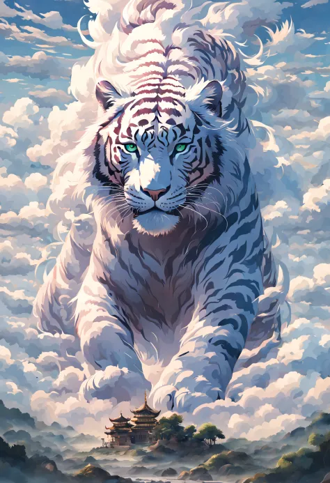 In the center of the canvas，A majestic white tiger looks up into the distance，Elegant and majestic posture。Its body looks strong...