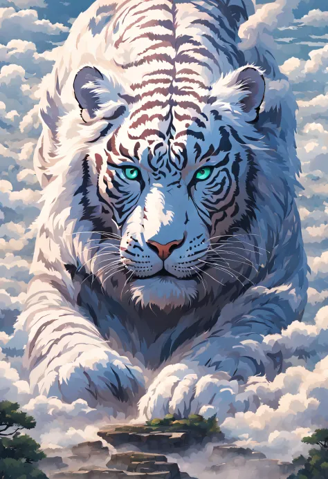 In the center of the canvas，A majestic white tiger looks up into the distance，Elegant and majestic posture。Its body looks strong and powerful，Muscle lines are smooth and tight，Seems to contain infinite power。the white tiger&#39;her eyes are bright and shin...
