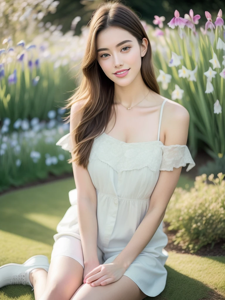 Fashion Model 25 Years Old Sitting On The Lawn In The English Garden