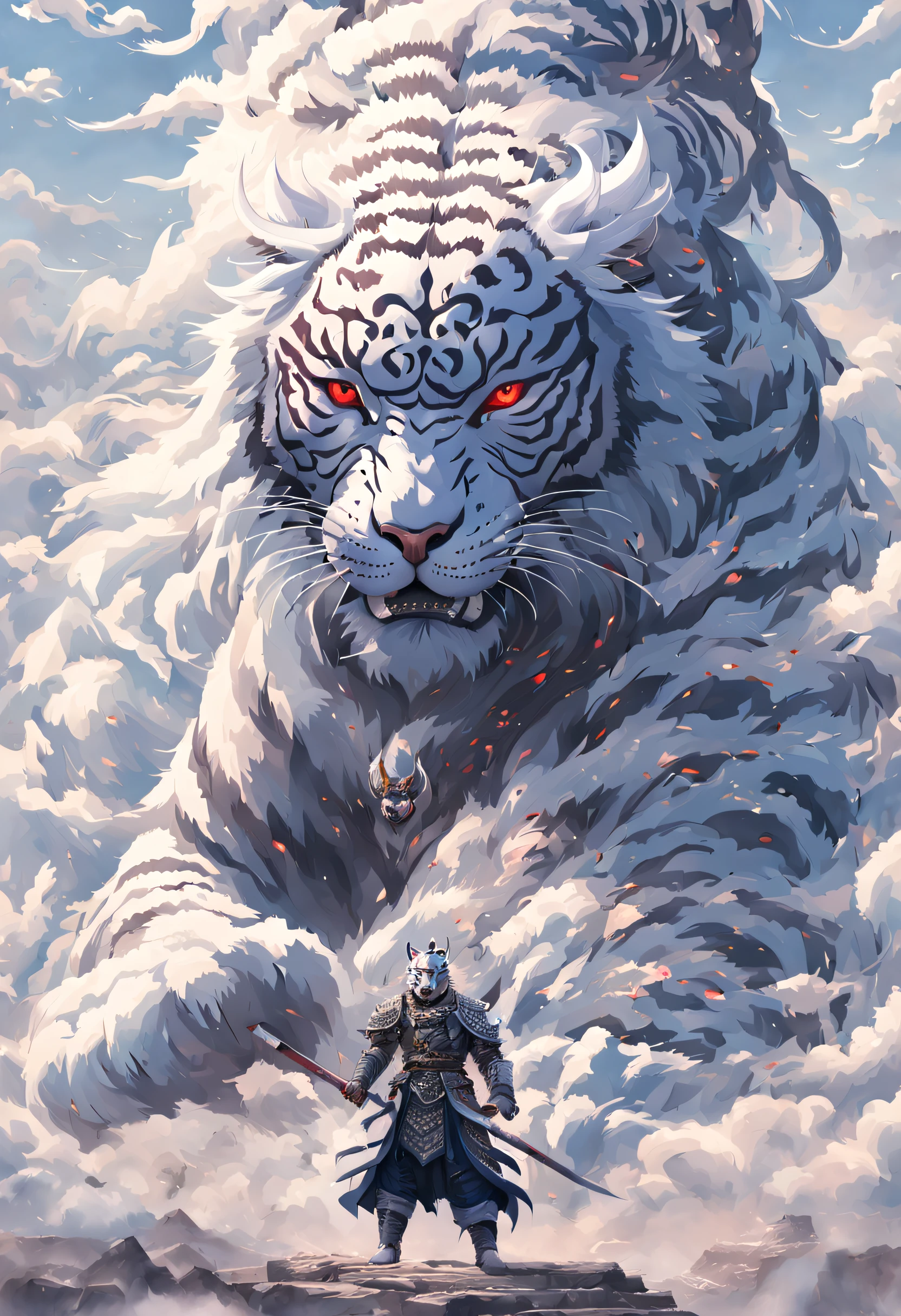 Surreal art，beijing_Godlike_beastly, red eyes, Outdoor sports, horn, sky sky, teeth, day, cloud, The sky is mostly cloudy, scenecy, smog, Monte, the white tiger, 1 persons, wearing ancient Chinese armor，chineseidol_armour，alone，Standing in front of the white tiger，with his back to the viewer，Movie Lighting,strong contrasts,High level of detail,Best quality,tmasterpiece, Extremely high resolution details, Photographic, Realism taken to extremes, fine texture, Extremely realistic