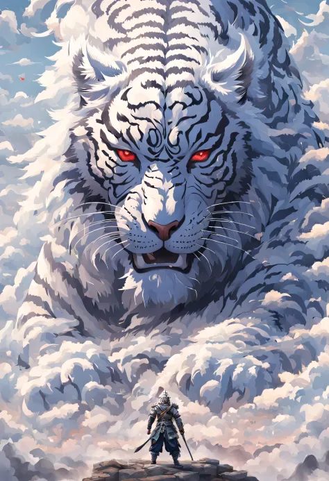 Surreal art，beijing_divino_beastly, red eyes, Outdoor sports, horn, sky sky, teeth, day, cloud, The sky is mostly cloudy, scenecy, smog, Monte, the white tiger, of a man, Wearing Chinese armor，chineseidol_armour，Alone，Standing in front of the white tiger，w...