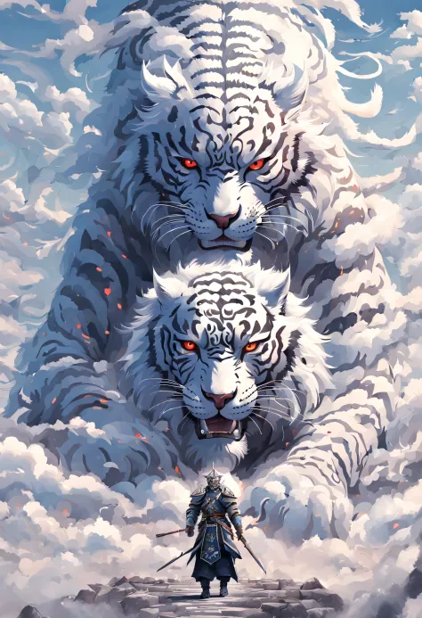 Surreal art，beijing_divino_beastly, red eyes, Outdoor sports, horn, sky sky, teeth, day, cloud, The sky is mostly cloudy, scenecy, smog, Monte, the white tiger, of a man, Wearing Chinese armor，chineseidol_armour，Alone，Standing in front of the white tiger，w...