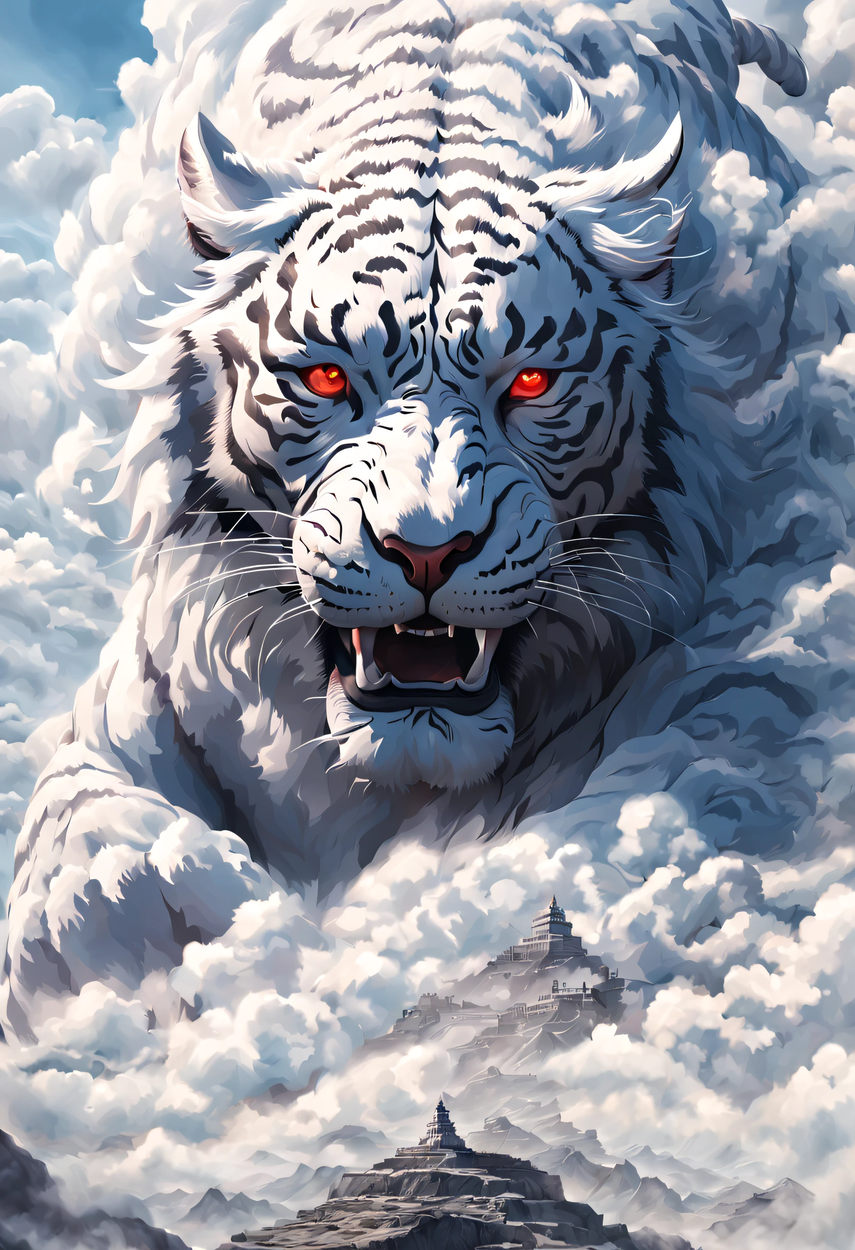 Hyper-realistic art BJ_Godlike_beastly, Red_The eye, Outdoor activities, horn, Skysky, teeth,daysies, ​​clouds, Cloudy_Skysky, scenecy, smokes, mont, white tiger, Movie Lighting,strong contrasts,High level of detail,Best quality at best,tmasterpiece, Extremely high resolution detail, Photographic, Realism taken to extremes, fine texture, Extremely realistic