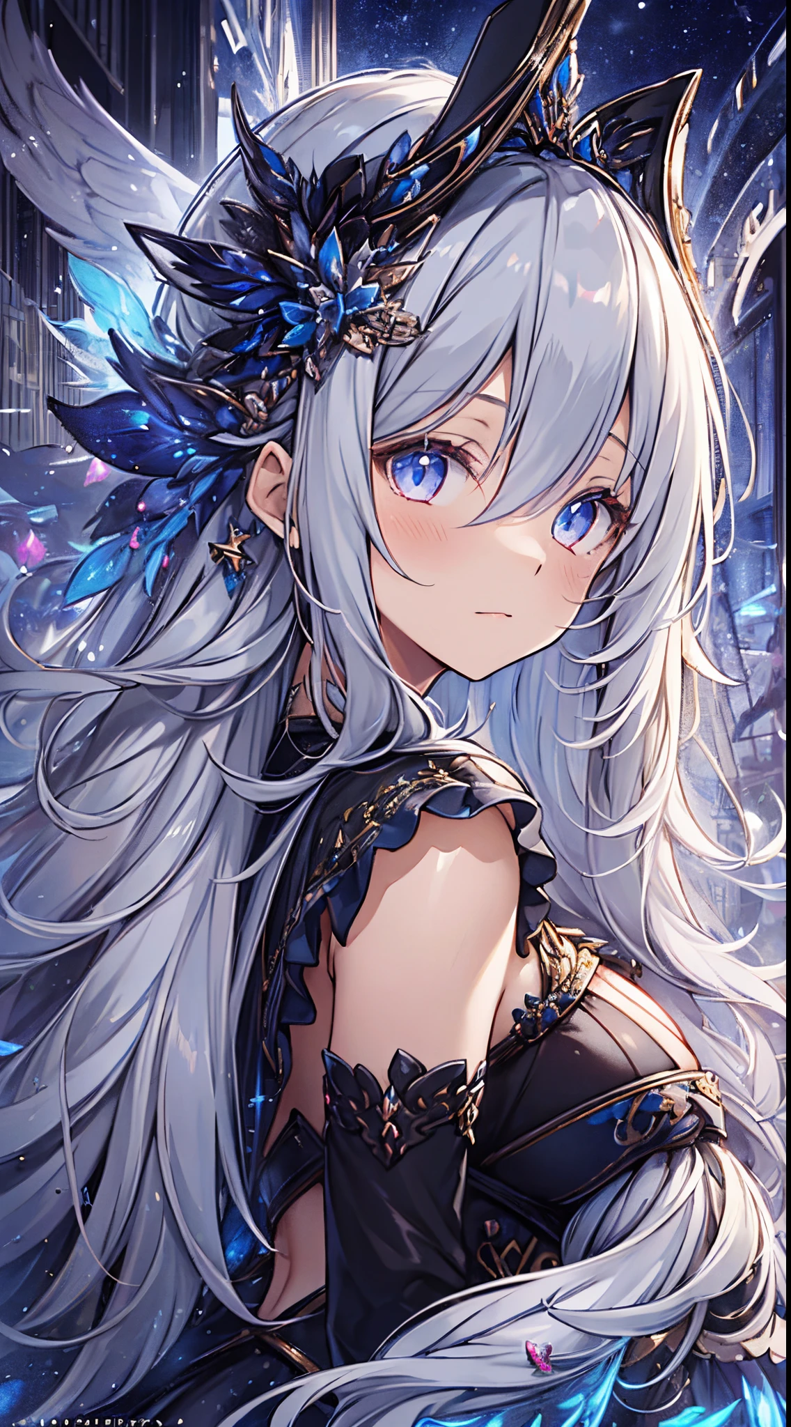 1 girl, (((ultra-detailed))), ((masterpiece)), ((illustration)), sensual, starlight saintess, black ornate dress, curvaceous woman, head veil, long silver hair, fair skin, droopy eyes, starry eyes like the night sky, bust up, facing forward