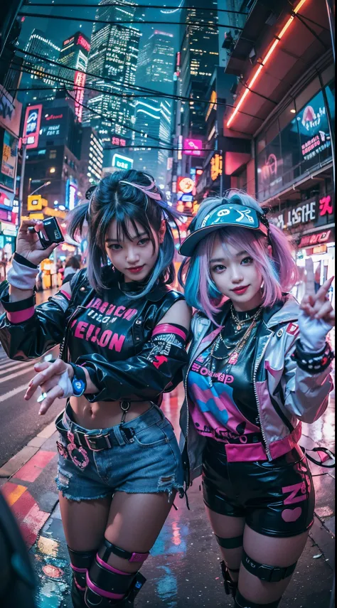 ((2 cyberpunk girls wearing colorful Harajuku style pop outfit)), ((fisheye lens)), cowboy shot, wind, messy hair, cyberpunk cit...