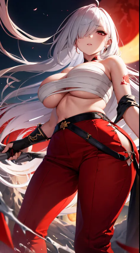 (best quality,4k,highres), mature women with white hair,red eye, hair covering one eye, bandaged Breasts , red moon background, Tattoo on shoulder ,mature, cool expression ,ultra-detailed,sharp focus,vivid colors,portraits, Night , Hakama Pant , from below...