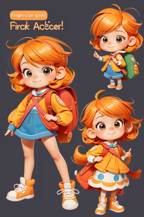 orange color hair、Cartoon girl posing with backpack, Cute and detailed digital art, lovely digital painting, The children&#39;s ...