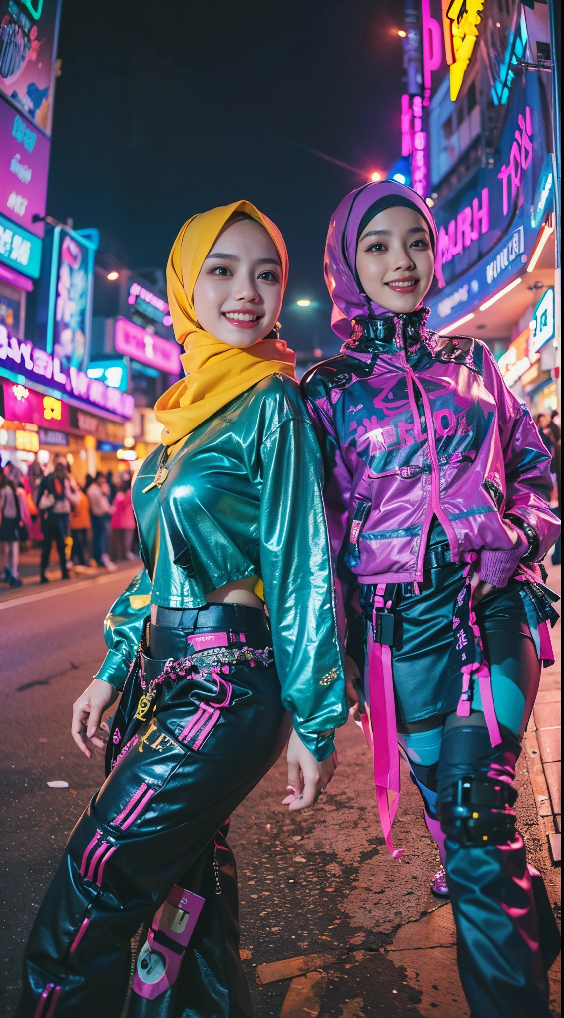 ((2 cyberpunk malay girls in hijab wearing colorful Harajuku style pop outfit)), ((fisheye lens)), cowboy shot, wind, cyberpunk cityscape, (aesthetics and atmosphere:1.2), smiling, ((cinematic lighting))