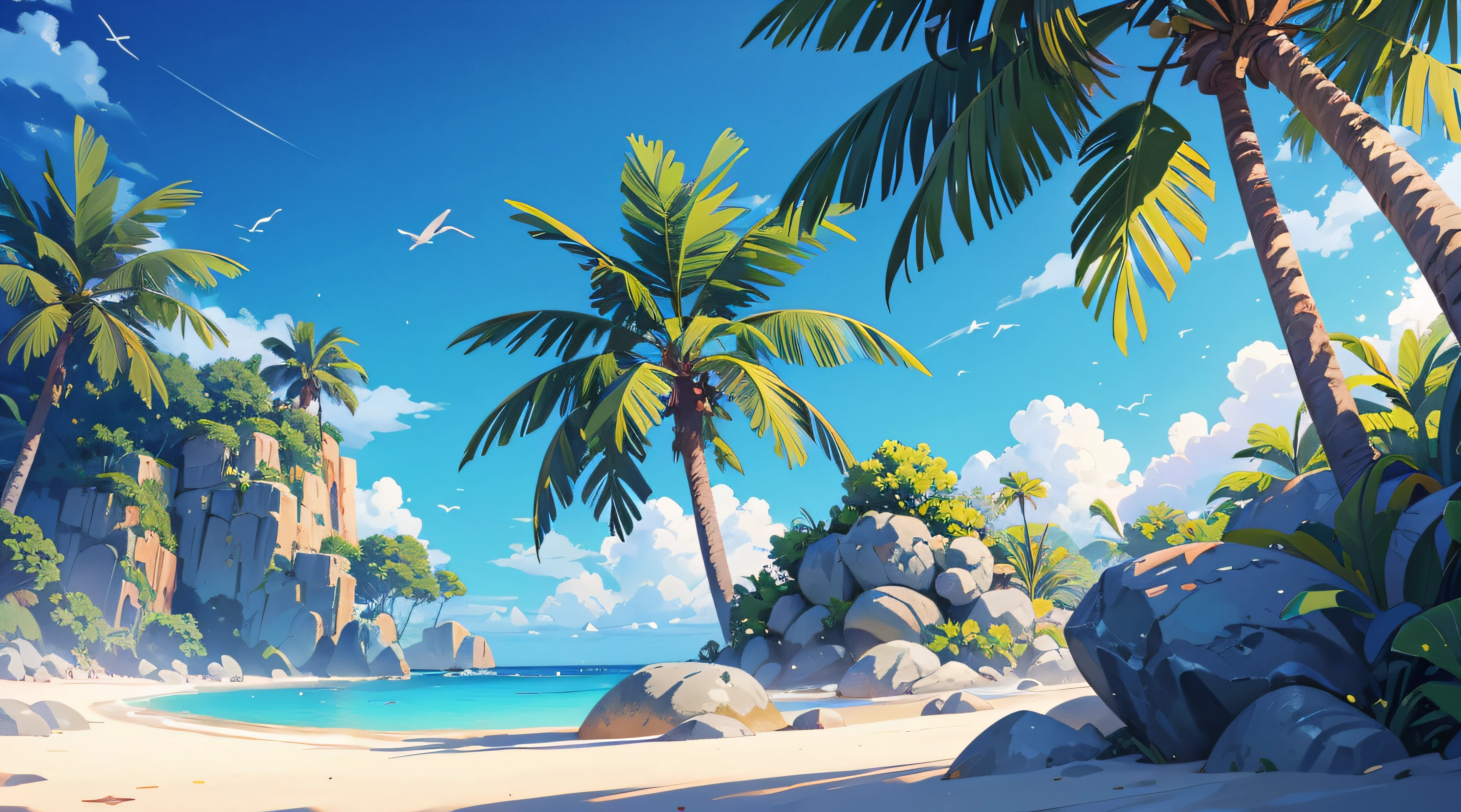 (illustrations : 1.0), Epic composition, photorealistic lighting, HD detail, ​masterpiece, Best quality at best, (Highly detailed CG integrated 8k wallpaper) , blue-sky, Blue Ocean, sand, In a shady palm tree forest, round and large rock