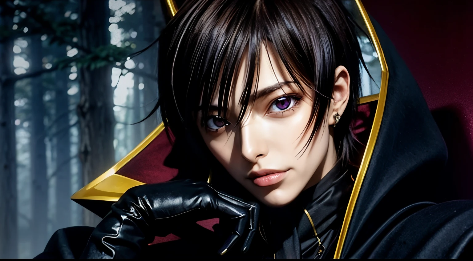 cosmieyes, in a dark forest with trees in the background sitting on a red couch,purple light shining, black and yellow outfit,black cape,cape, chain-link_fence, coat,gloves, lelouch_lamperouge,jewelry,gem, black_hair,purple_eyes,earrings,short hair, purple light in their eyes, upper body, detailed face, detailed eyes,