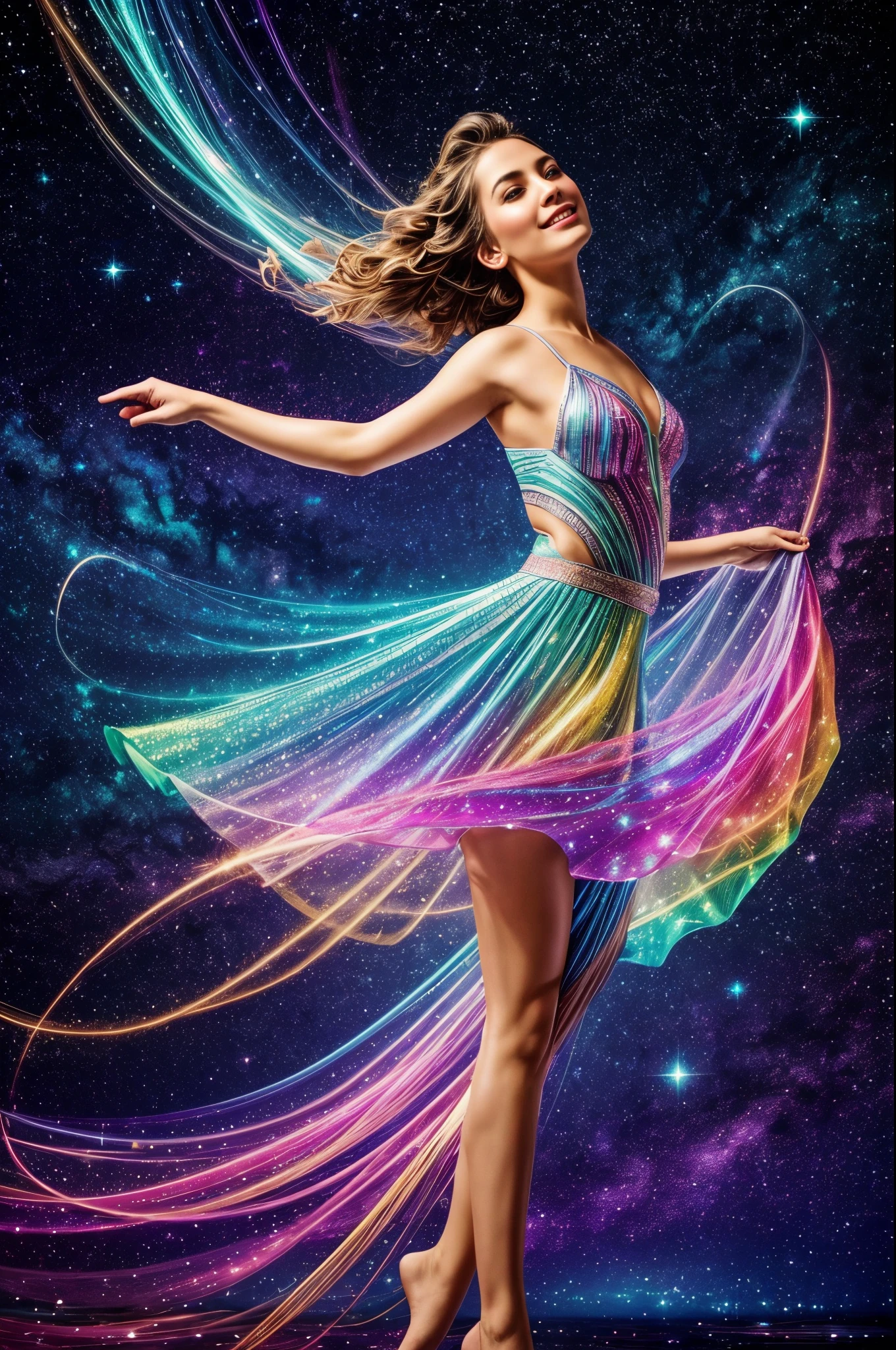 Mesmerizing starry sky glow display, A radiant girl，Shining with bright colors，Dance and twirl like ribbons of starlight. When she moves, her brilliance，Paint the world with fascinating colors, Amazing to all who have seen her ethereal beauty.