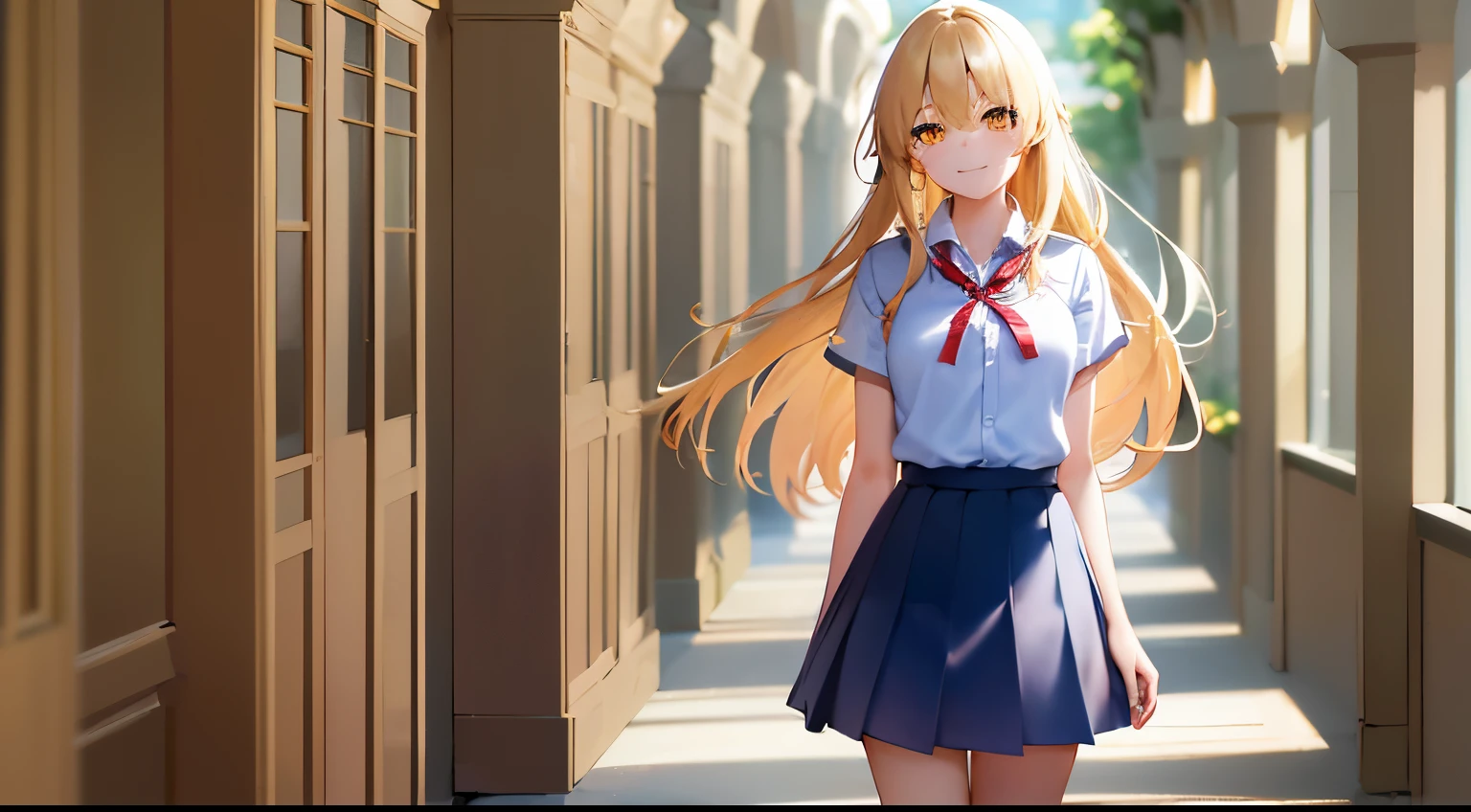 looking back, ​masterpiece、hightquality、Background is a school hallway、(Blonde medium hair, yellow  eyes)、the hair flutters with the wind、An 18-year-old woman、Wearing a high school uniform、Red ribbons、white  shirt、Blue pleated skirt、Close-up of the subject's face、(Alone:1.5)、(Smiling expression:1.1)、(Only the upper body is shown.:1.3)、Bold composition、