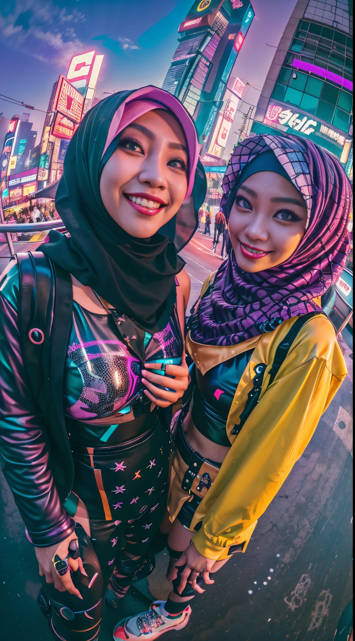 ((2 cyberpunk malay girls in hijab wearing colorful Harajuku style pop outfit)), ((fisheye lens)), cowboy shot, wind, cyberpunk cityscape, (aesthetics and atmosphere:1.2), smiling, ((cinematic lighting))