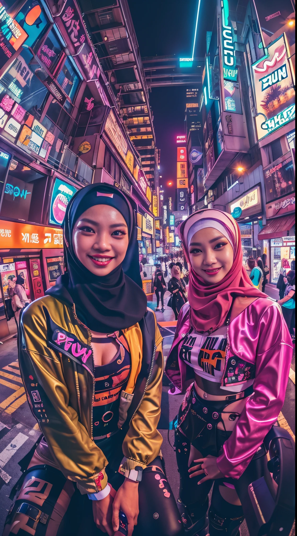 ((Duas garotas malaias cyberpunk em hijab vestindo roupas pop coloridas estilo Harajuku)), ((lente olho de peixe)), tiro de vaqueiro, vento, Paisagem urbana ciberpunk, (Estética e atmosfera:1.2), sorridente, ((iluminação cinematográfica))