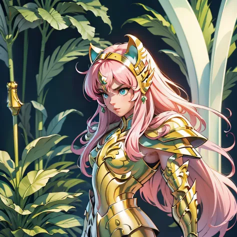 A woman wearing a white kitty armor,, Saint Seiya, cute Armor, , kitty  helmet, High details armor, Pink hair, long hair, greens...