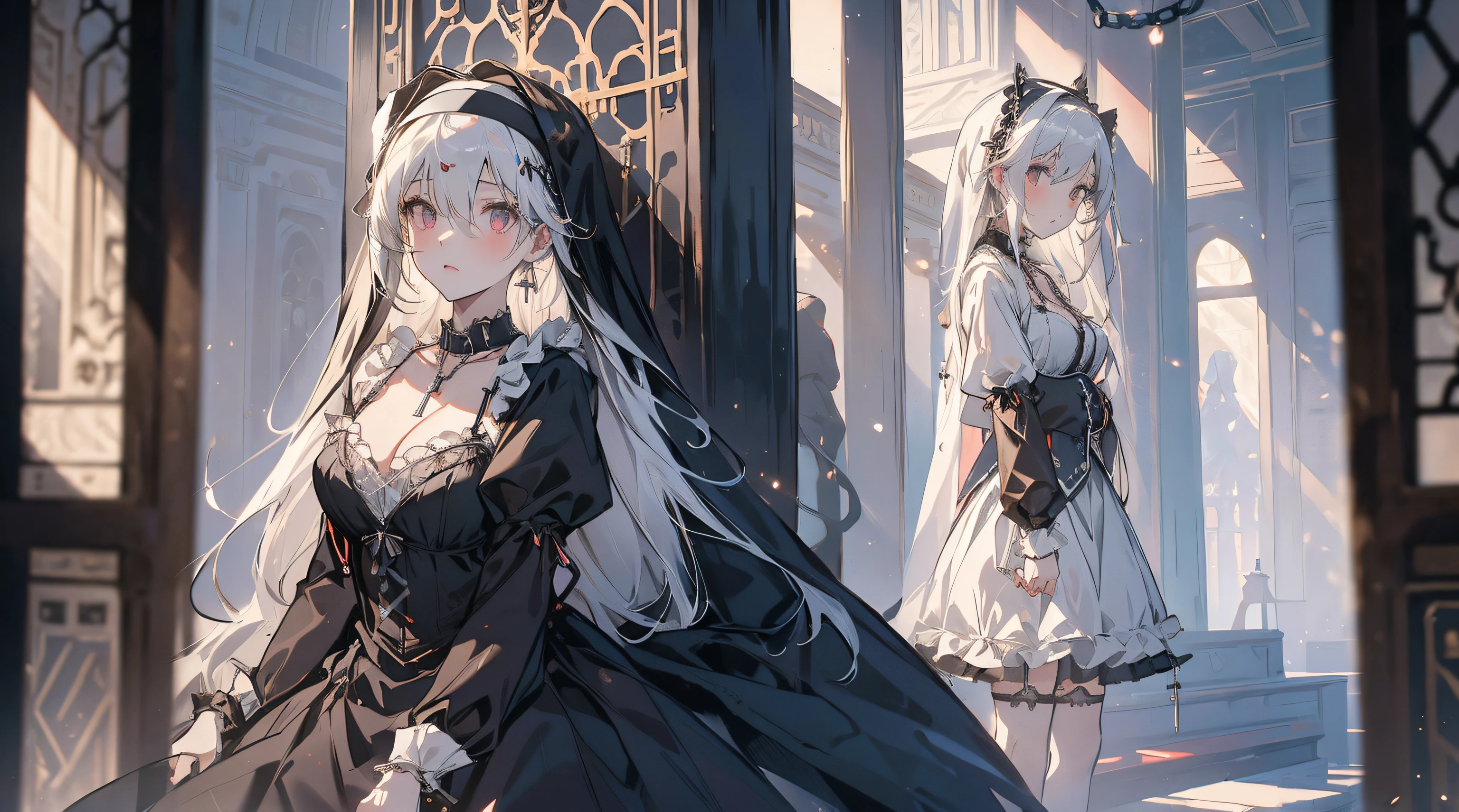 Best quality at best, tmasterpiece, 2  girls, nun, White hair, long whitr hair, mediuml breasts, cleavage dress, Gothololita, black lence stockings, high-heels, shairband, cross necklace, collars, chain, handcuff, indoor, borgar, skirt lift, hand on her own chest