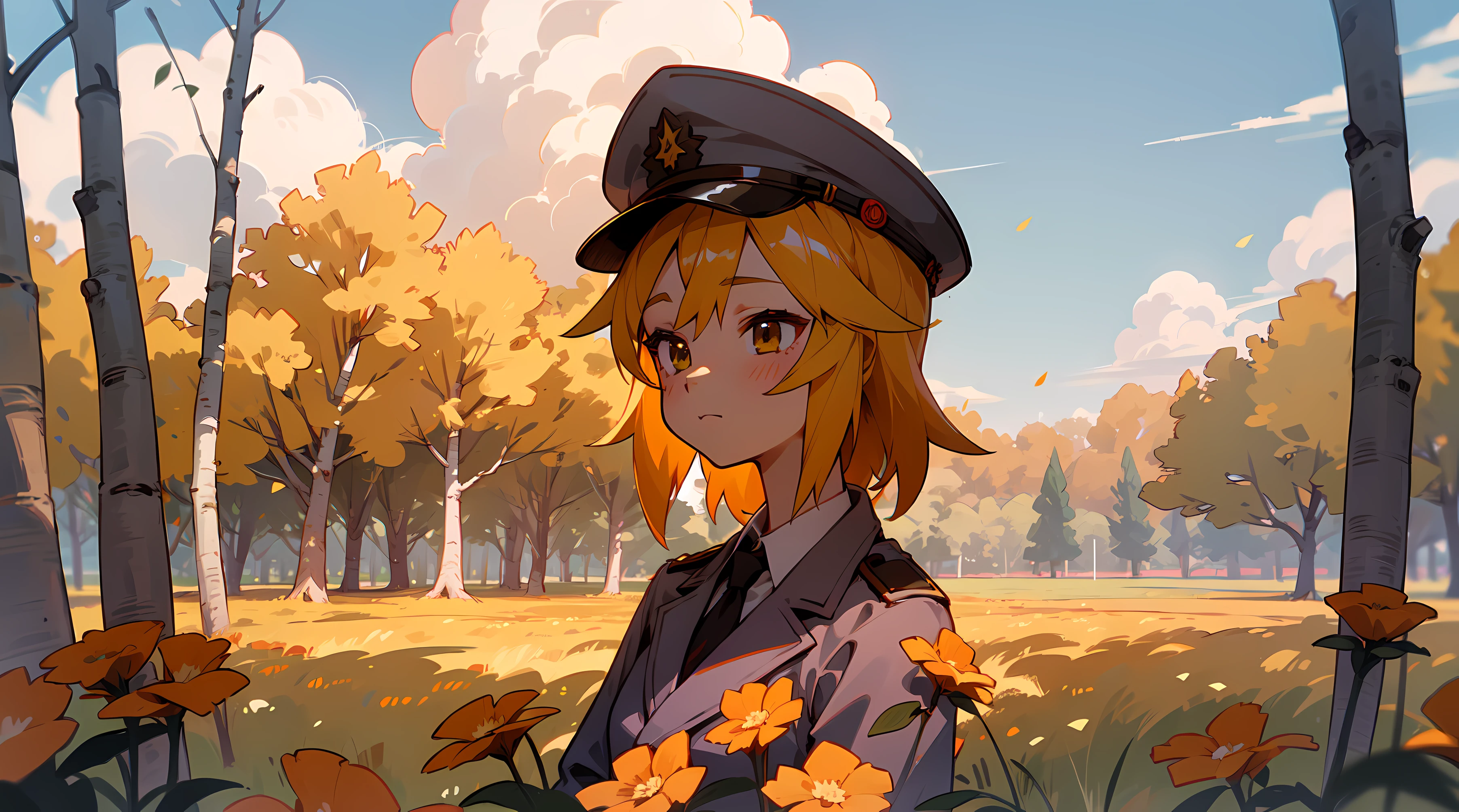 A  girl, Fox ears, field, Orange flowers. Super detailed, Detailed ears, Detail Eyes, Girls 4K, Detailed flowers, beautiful clouds, detailed blocks, Yellow flowers, Beautiful Field, detaled face, beatiful face, Average height, soviet military cap, detailed header, beautiful cap, ussr, beautiful birch trees, detailed birch trees