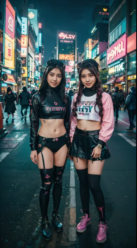 ((2 cyberpunk malay girls in hijab wearing colorful Harajuku style pop outfit)), ((fisheye lens)), cowboy shot, wind, cyberpunk ...