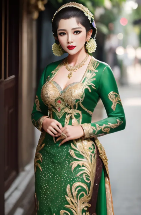 photography, woman,  portrait of java wedding woman in green long kebaya dress traditional, red lipstick, golden necklace, earri...