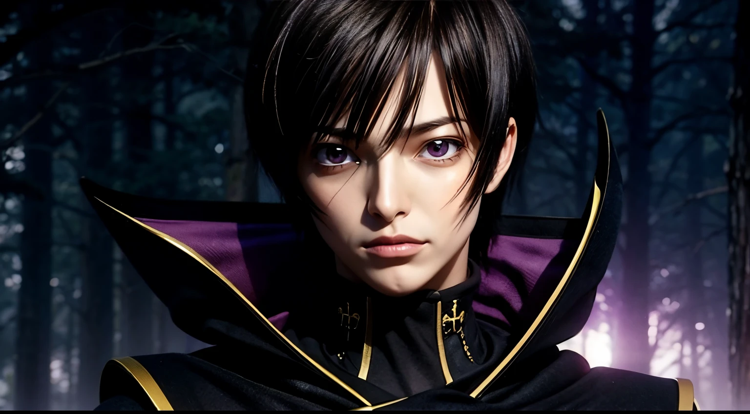 British, cosmieyes, in a dark forest with trees in the background,purple light shining, black and yellow outfit,black cape,cape, chain-link_fence, coat,gloves, lelouch_lamperouge,black_hair,purple_eyes,short hair, purple light in their eyes, upper body, detailed face, detailed eyes, portrait, boy