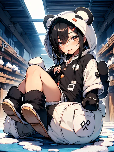 (panda kigurumi:1.2), (White and black hair), ((Front button, Cute and cozy):1.5), ((Short sleeves, mittens with footprints):1.2...