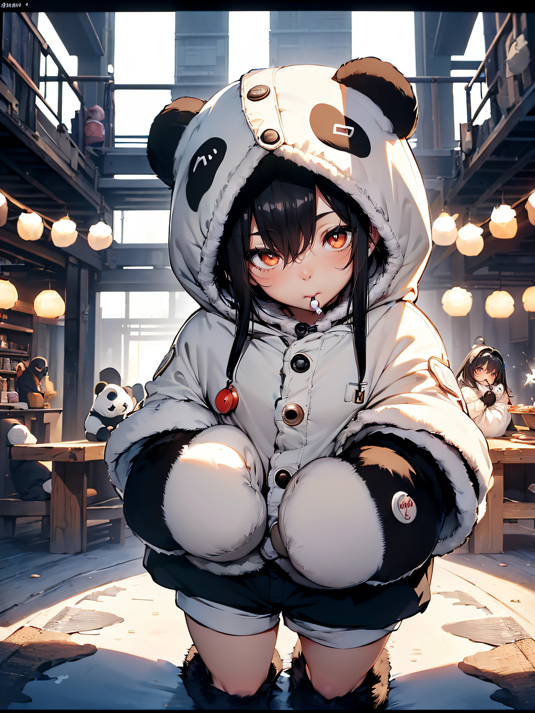 (panda kigurumi:1.2), (cabelo branco e preto), ((Botão frontal, fofo e aconchegante):1.5), ((manga curta, luvas com pegadas):1.2), (capuz com orelhas e olhos:1.3), (Nariz e Boca:1.3), (shorts e chinelos:1.2)