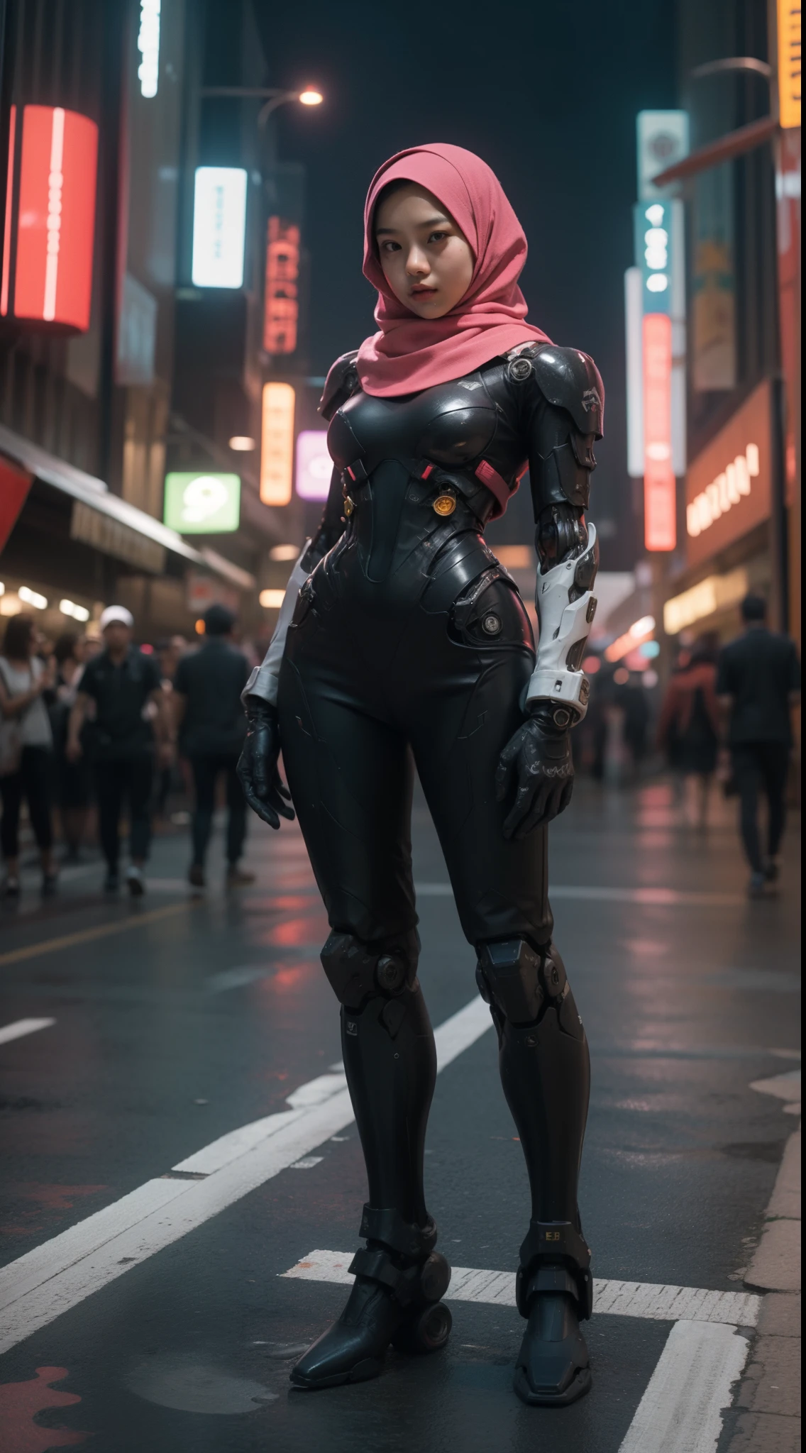 a malay teenage girl in hijab and mecha suit standing in action in front of bustling kuala lumpur malaysia city streets, serious face, nighttime, fisheye lens, establishing shot, pastel color grading, depth of field cinematography effect, film noir genre, 8k resolution, high quality, ultra detail