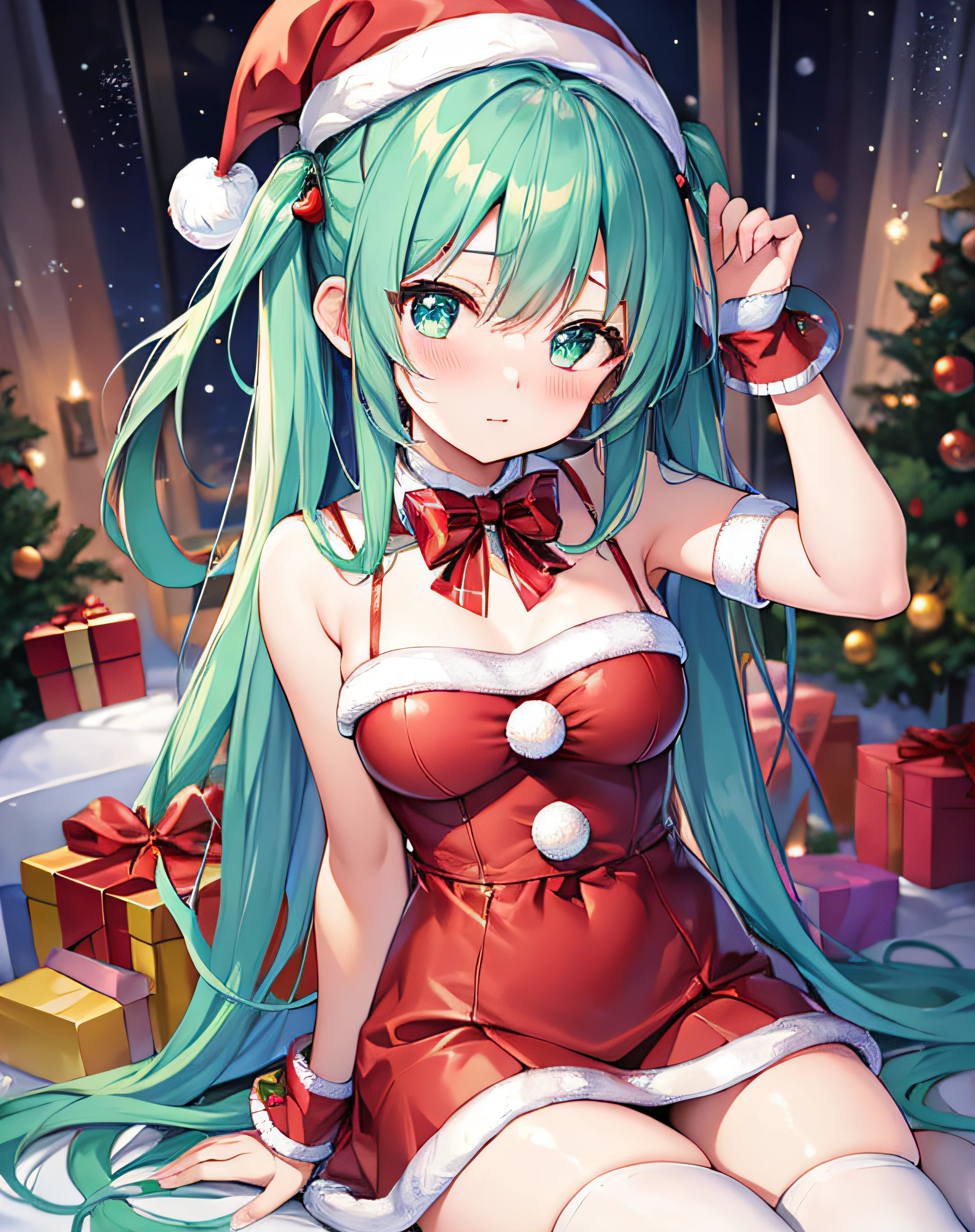 obra-prima、Qualidade de imagem superior、超Uma alta resolução、Miku Hatsune、cabelos azuis、Cauda dupla、rubor、está em cio、Bonito e tímido、santa costume、Mini saia fantasia de Papai Noel、Usando um chapéu de Papai Noel、seios firmes、seios bem formados、meias acima do joelho、Calcinha listrada、Existem algumas pequenas caixas de presente、noite、Natal