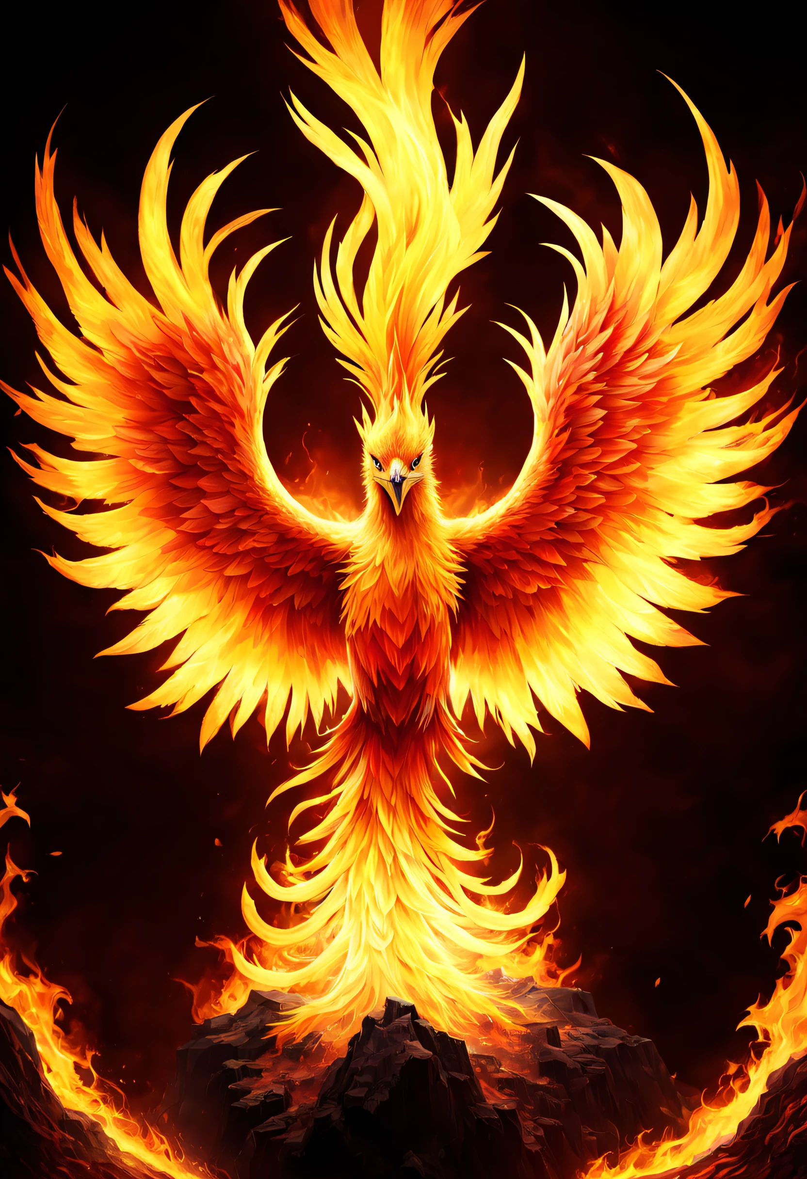 A beautiful phoenix is reborn in the fire, it has a very visible and lot of textured aura.