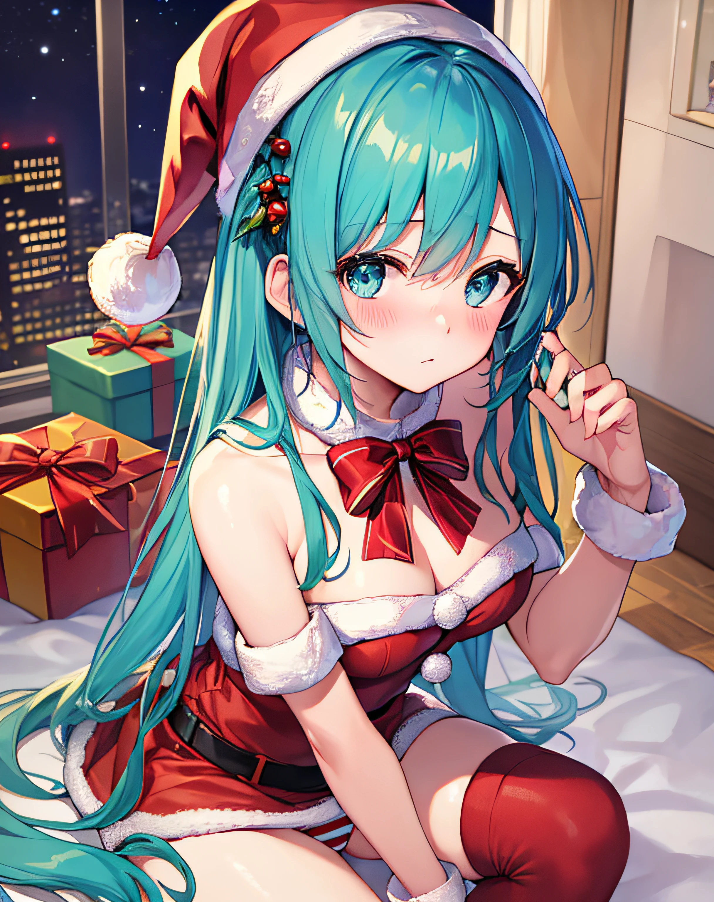 ​masterpiece、Top image quality、超A high resolution、miku hatsune、blue hairs、Twin-tailed、Blushing、Cute and shy、santa costume、Santa Costume Mini Skirt、Wearing a Santa Hat、firm breasts、well-shaped breasts、over-the-knee socks、Striped panties、There are some small gift boxes、Night、Christmas