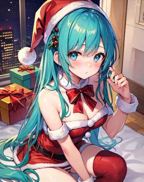 ​masterpiece、top image quality、超a high resolution、miku hatsune、blue hairs、twin-tailed、blushing、cute and shy、santa costume、santa ...