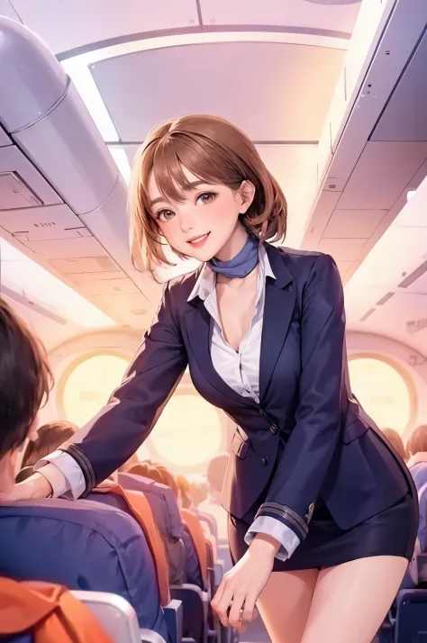 1lady standing, stewardess, (stewardess uniform) scarf, mature female, /(light brown hair/) bangs, blush happy smile,  (masterpi...