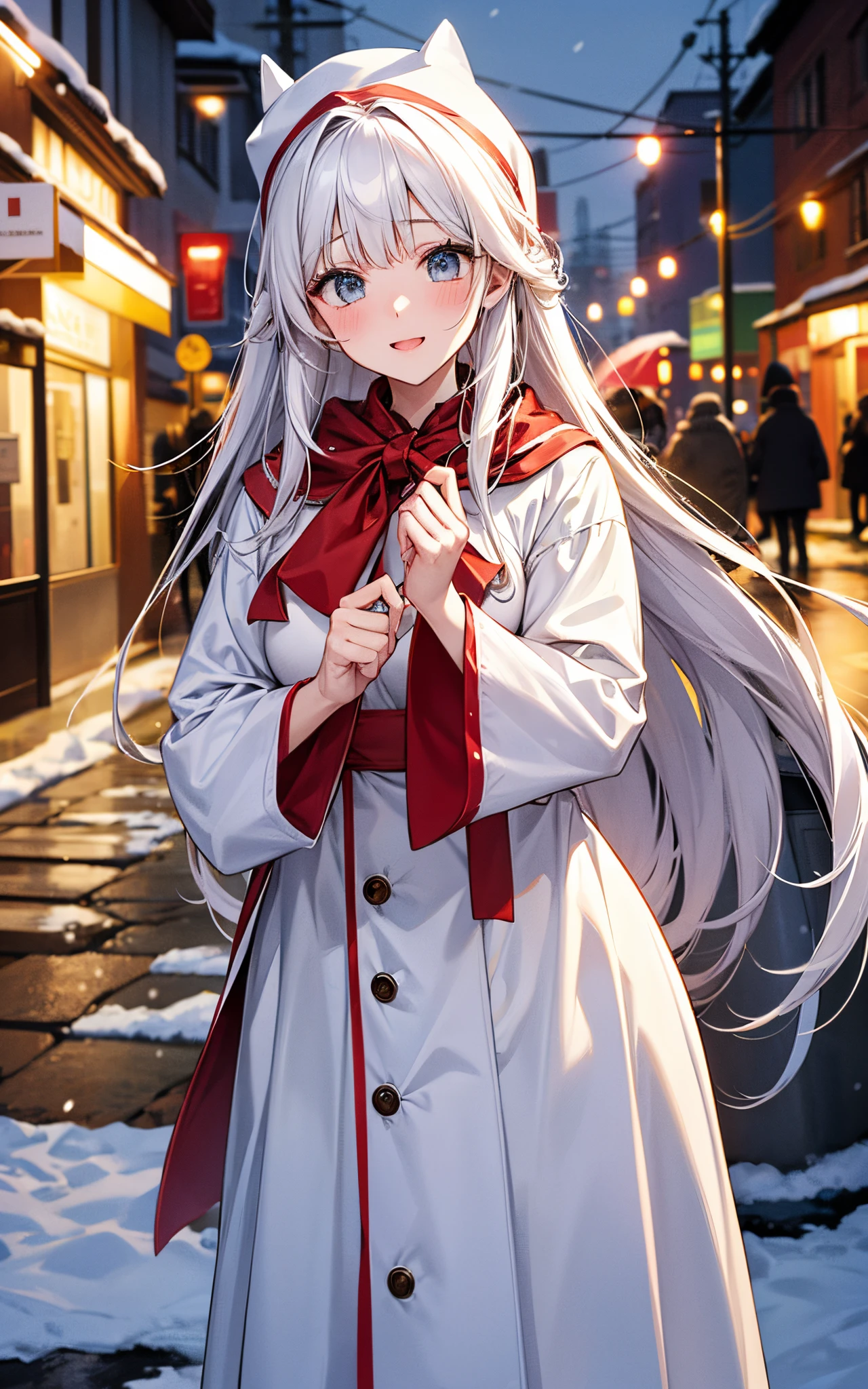 Anime girl in white coat and red bow standing in the snow - SeaArt AI