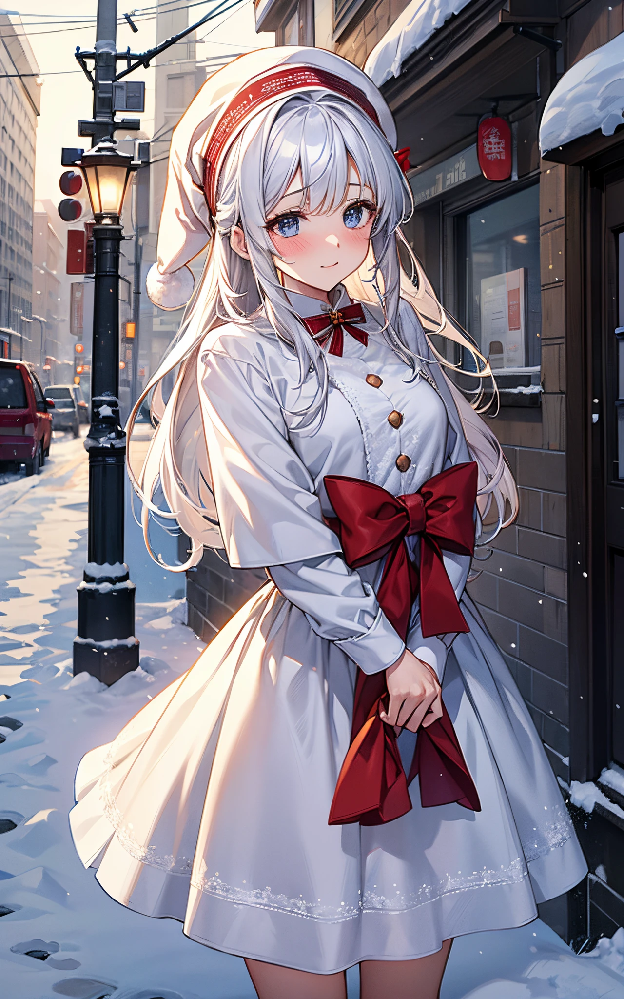 Anime girl in a white dress and red bow standing in the snow - SeaArt AI