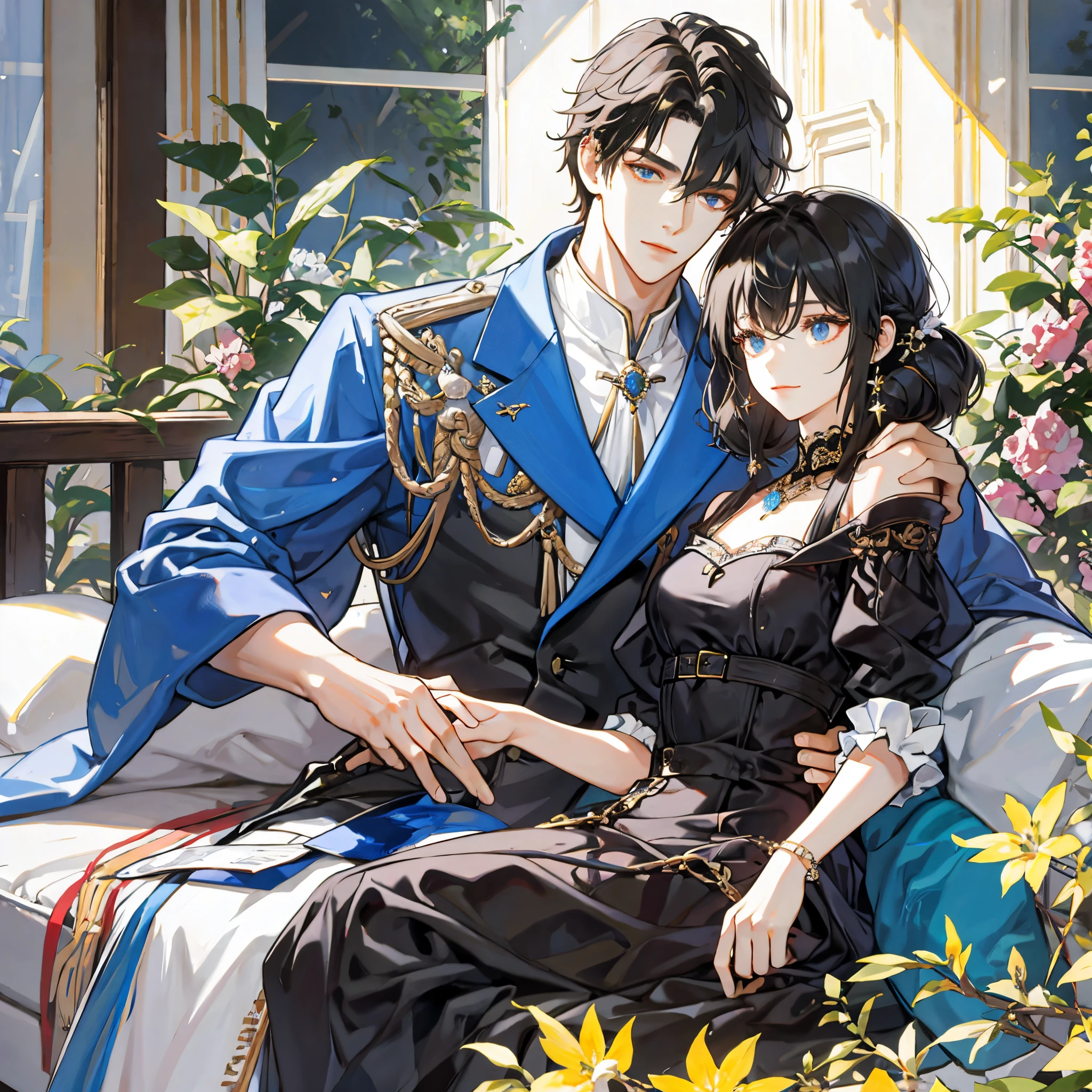 Anime couple sitting on a couch in a garden with flowers - SeaArt AI