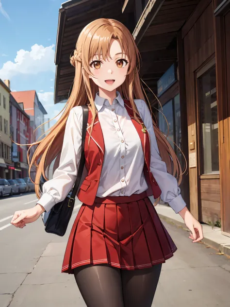 masutepiece, Best Quality, hight resolution, Arsuna, Long hair, Brown hair, braid, Brown eyes,White shirt,red skirt, black pantyhose,cowboy shot,Pleated skirt,red vest,close mouth,light smile, Town,city,fantasy,walking
