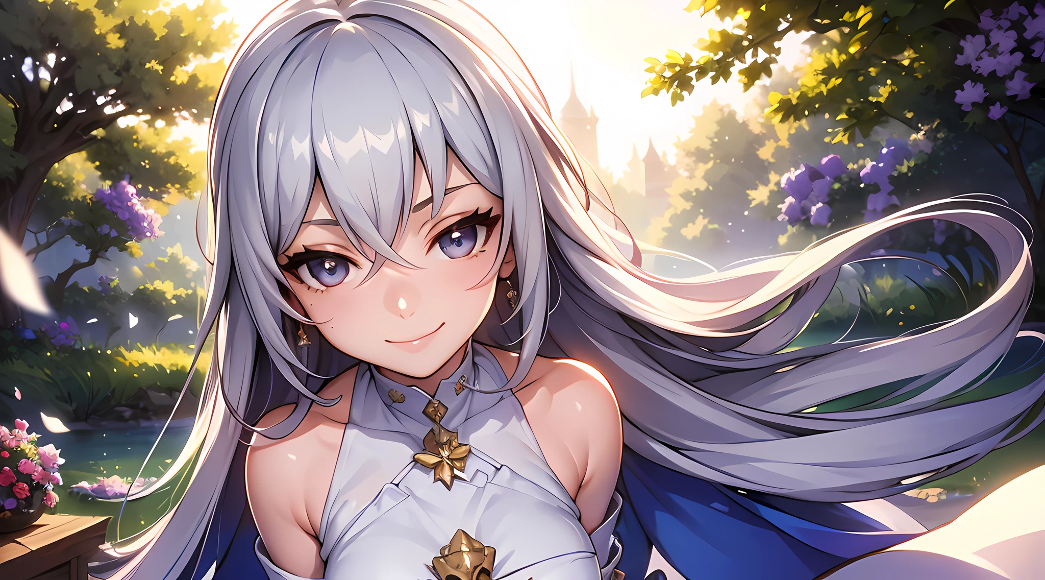 best quality,highres,ultra-detailed,realistic,photorealistic:1.37,portrait, intricate white long dress, ((modest dress)), standing,flowers field,silver long hair,bun hair,smiling woman,close up to abs, ((small breast)), beautiful detailed eyes,beautiful detailed lips,flower petals on air,bare shoulders,vivid colors,studio lighting,soft sunlight, happy face, ((cleavages:0.6))