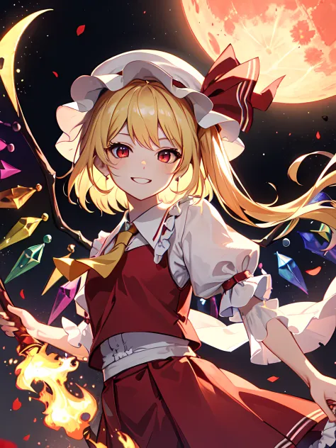 flandre scarlet, jewelry wing, (pointy ear:0.5), short ears, hat, white hat, short sleeves, puffy sleeves, red moon, fullmoon, b...