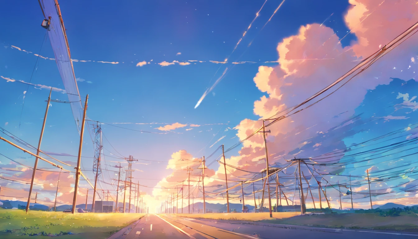 There is a photo of the sky with clouds and power lines, there is blue sky, overhead wires, Sky in the background, dynamic blue sky, Blue sky in the background, Power lines, Beautiful clouds and blue sky, panorama view of the sky, Blue sky on background, Clouds in the sky, wires flying in the air