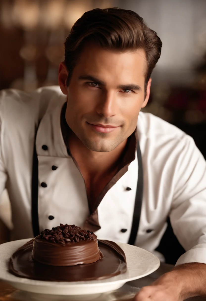 A video of a beautifully plated chocolate dessert, featuring a rich chocolate mousse topped with a delicate chocolate garnish, and a drizzle of luxurious chocolate sauce being elegantly poured over it.,original,Extremely handsome white man with dark hair and some stubble. Chiseled face. Early to mid forties. Chef. Chocolate maker. , male