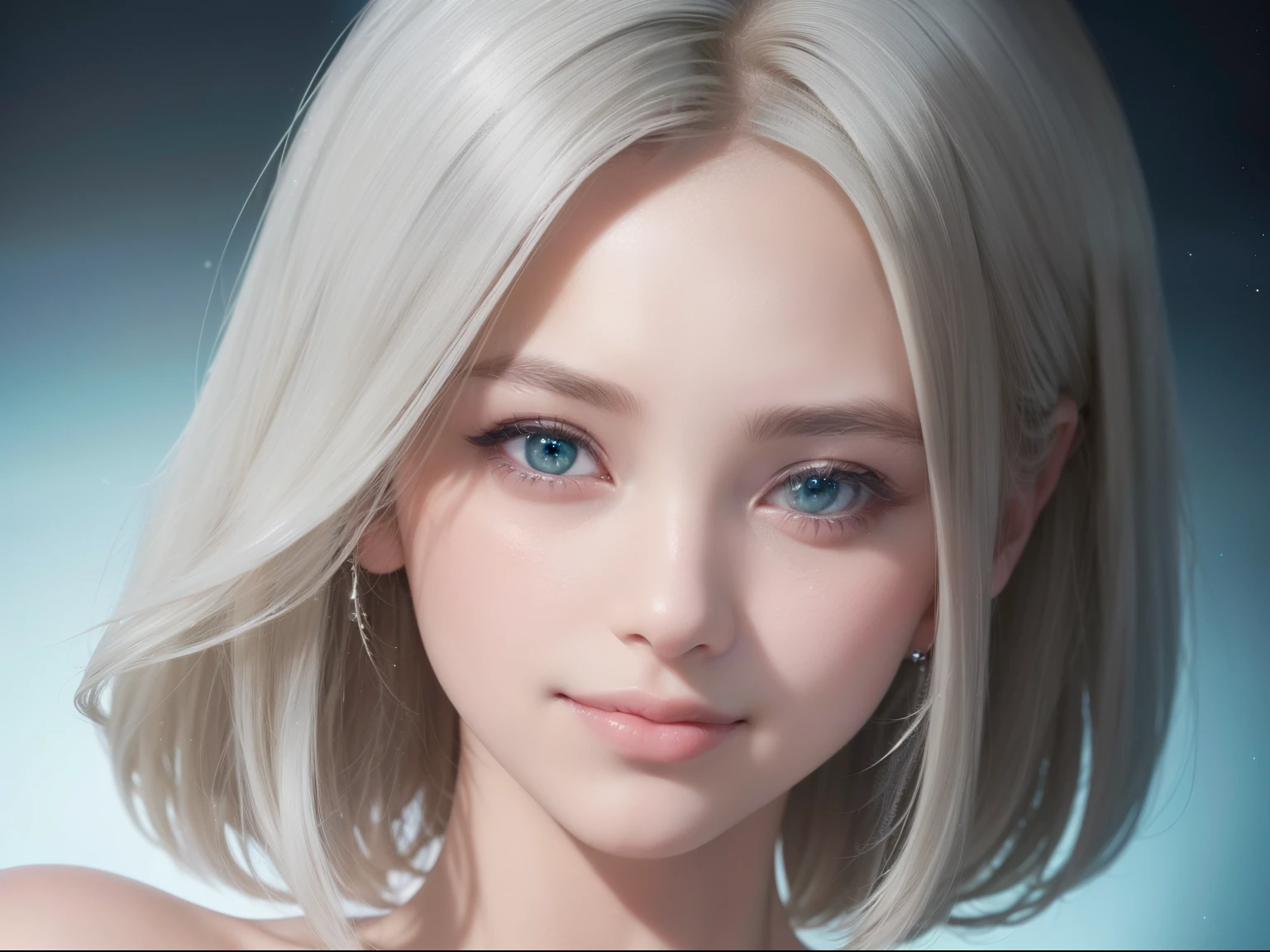 (Best Quality:1.5), (Exquisite CG), (High resolution:1.5)、Close-up of a smile、greeneye、Sapphire green eyes、lipgloss、Eye Gloss、Smile with the corners of your mouth raised、Open your mouth a little、round and large eyes、short silver hair、the background is the universe